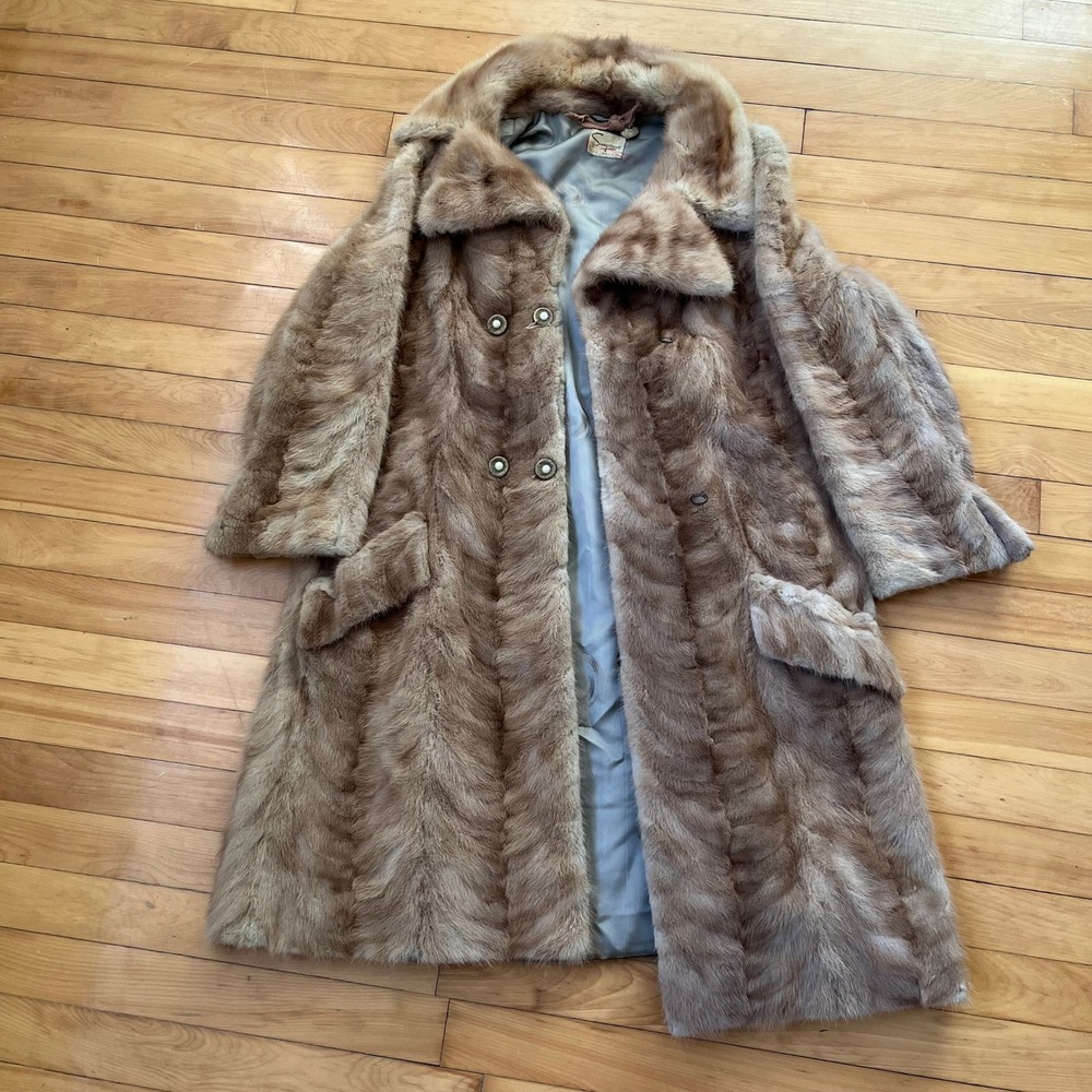 Vintage Simpsons Fur Salon Genuine Fur Coat Tan Brown Double Breasted 41in Long